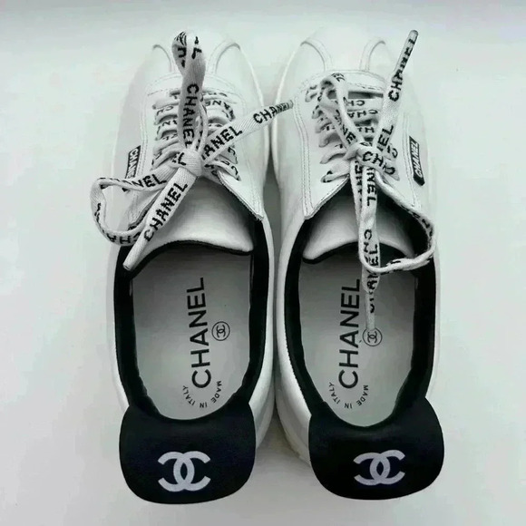 Chanel White Leather Casual Sneakers: Women's Size 36.5 Logo Laces CC - Picture 7 of 13